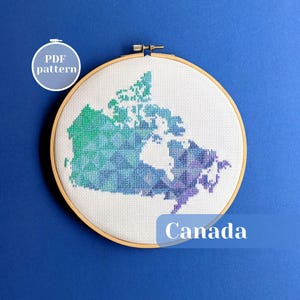 Canada map cross stitch pattern. Pattern Keeper friendly counted xstitch pdf chart for boho fiber art. Modern embroidery gfit for home.