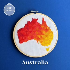 Motif de point de croix en forme d'Australie. Design pdf moderne xStitch compté. Affiche de carte de voyage de Sydney Down Under ou idée cadeau pour une personne spéciale