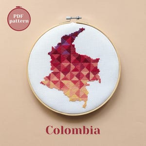 Colombia map cross stitch pattern. Modern and simple design in PDF format. Unique gift for traveler friend who misses home in Bogota