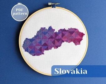 Slovakia map cross stitch pattern for digital detox. Simple DIY hoop with colorful design. Custom crafty gift idea for Bratislava citizen
