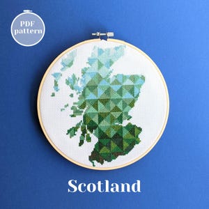 Grille point de croix, carte de l'Ecosse. Silhouette country britannique pour un décor de broderie aux couleurs vives. Design xstitch moderne pour un nouveau cadeau de bricolage unique pour la maison