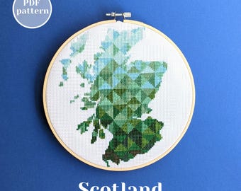 Scotland map cross stitch pattern. UK country silhouette for vibrant embroidery decor. Modern xstitch design for unique new home DYI gift