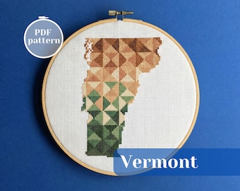 Vermont map cross stitch PDF chart. Simple xstitch pattern to create unique gift. Modern colorful embroidery design for travel souvenir