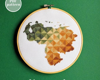 Venezuela map cross stitch PDF pattern. Modern counted xStitch chart for instant download. DIY wall embroidery decor for homesick friend