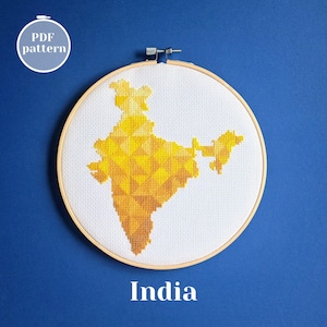 Conception de point de croix de carte de l'Inde. Motif de broderie abstrait convenant à tout débutant. Projet DIY unique à offrir ou à accrocher au mur