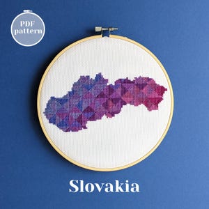 Slowakei Landkarte Kreuzstichmuster. Moderne Stickerei Wanddekoration. Einfache DIY Geschenkidee für Sie / Ihn. Gezähltes Stickmuster als PDF-Datei