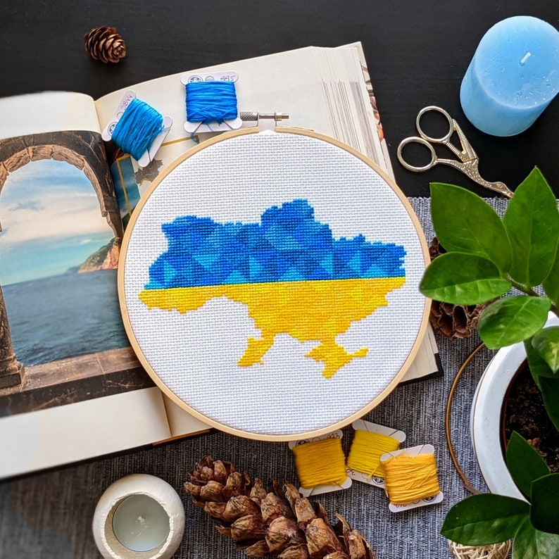 Ukraine Map Cross Stitch Pattern. Wall Decor in National Colors. Modern
