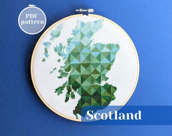 Scotland map cross stitch pattern. UK country silhouette for vibrant embroidery decor. Modern xstitch design for unique new home DYI gift
