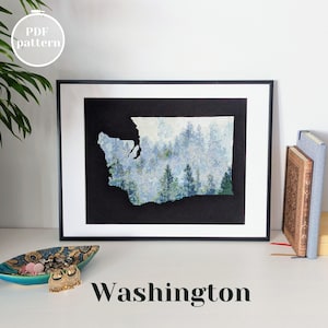 US Bundesstaat Washington Karte, Stickmuster, PDF Anleitung. Kreuzstich Wandbehang aus den USA. DIY Natur inspirierte Geschenkidee für eine Freundin aus Mikronesien
