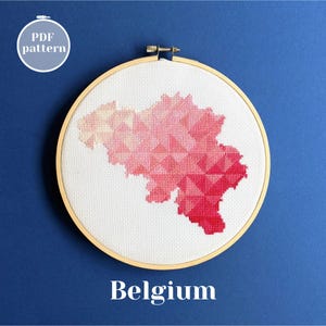 Belgium map modern cross stitch pattern. Simple xstitch PDF chart for instant download. Creative embroidery present for Brussels expat