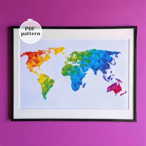 Schemat haftu krzyżykowego z mapą świata do natychmiastowego pobrania. Tęczowy, nowoczesny wzór ściegu krzyżykowego. Dekoracja ścienna DIY do samodzielnego haftowania. Prezent dla podróżnika.