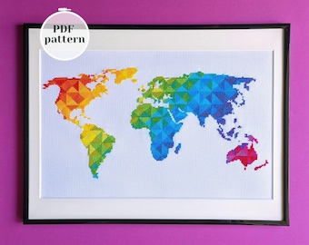 World map cross stitch scheme for instant download. Rainbow colored modern xstitch pattern. DIY stitched wall decor. Gift for traveler