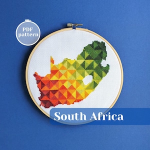 Patrón de punto de cruz con el contorno del mapa de Sudáfrica. Regalo sostenible personalizado, hecho a mano. Arte moderno con bastidor de bordado que puedes crear tú mismo.