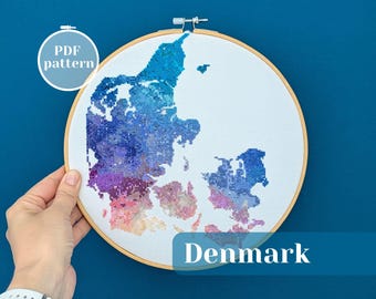 Denmark map cross stitch PDF pattern. Modern colorful embroidery design. Unique gift for a Copenhagen friend. Eco friendly decor idea