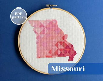 Modern geometric Missouri (USA) cross stitch pattern PDF – abstract state map embroidery design, instant download, DIY needlework art