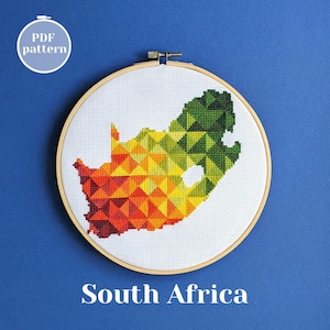 South Africa map outline cross stitch pattern. Custom handmade sustainable present. Modern embroidery hoop art that you can create yourself