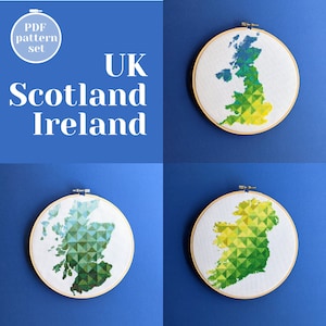 Cartes du Royaume-Uni, de l'Écosse et de l'Irlande - ensemble de motifs au point de croix. Motif personnalisable de broderie moderne pour décoration murale. Cadeau d'anniversaire original et ludique
