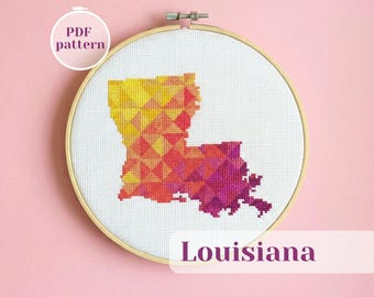 Louisiana map cross stitch pattern. USA State silhouette for embroidery. Modern PDF xstitch design for screen free activity.