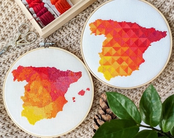 2 x Spain cross stitch maps patterns set. Counted simple crafting tutorial in PDF. Cozy aesthetic home decor with Spanish twist
