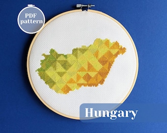 Hungary outline cross stitch PDF pattern. Simple counted xStitch chart to start your analog lifestyle. Creative craft with geometric design