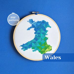 Patrón de punto de cruz del mapa de Gales. Forma del país galés para bordar. Decoración personalizada con temática de Cardiff. Arte DIY sencillo con bordado.