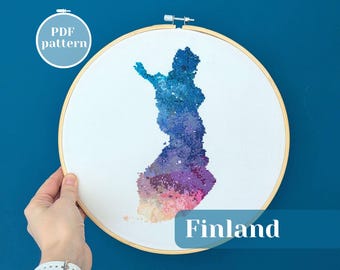 Finland map cross stitch pattern. Modern watercolor xstitch design. Counted pdf chart for instant download. Unique personalized gift idea