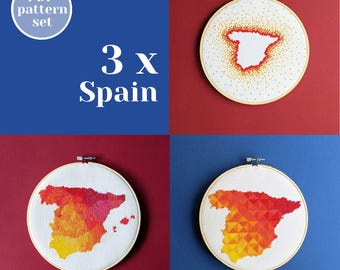 Spain maps - set of THREE cross stitch patterns. Counted simple modern crafting tutorial in PDF. Creative embroidery gift idea for a friend