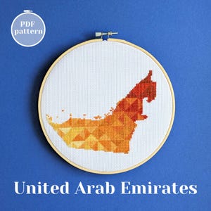 Borduurpatroon kaart van de Verenigde Arabische Emiraten. Modern steekontwerp als cadeau voor een leraar. Kruissteekdecor met Dubai-thema.