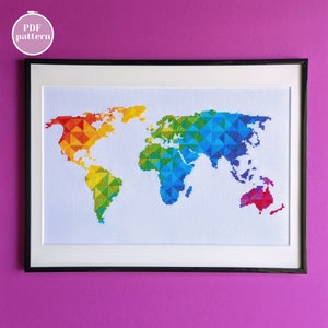 World map cross stitch scheme for instant download. Rainbow colored modern xstitch pattern. DIY stitched wall decor. Gift for traveler