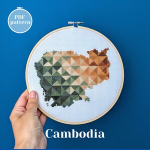 Conception PDF de carte du Cambodge au point de croix. Modèle PDF de broderie moderne et facile. Passe-temps créatif pour introverti. Faites-le vous-même pour une maman