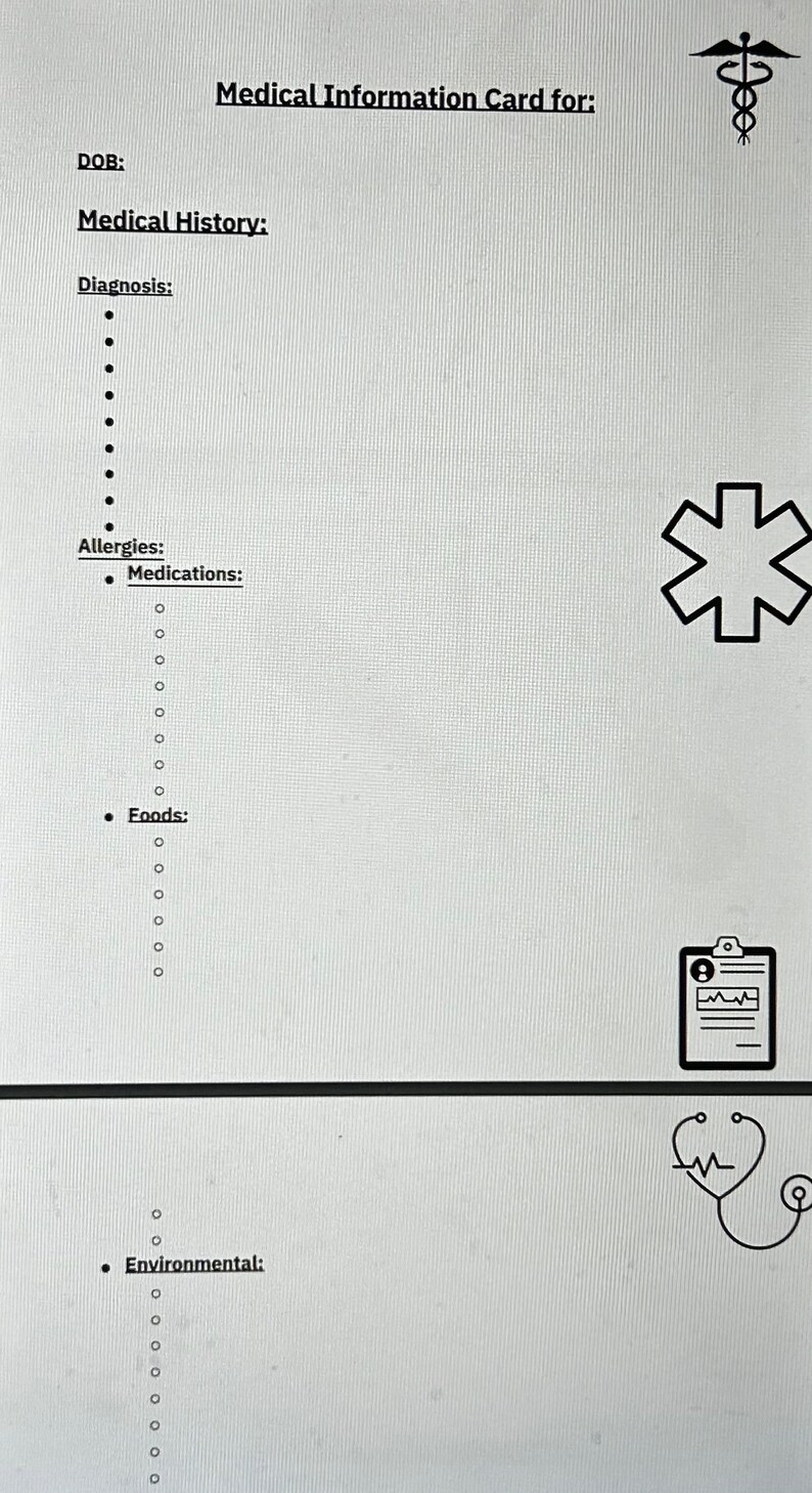 Medical Information Card Template Etsy Medical Information Card Template Etsy