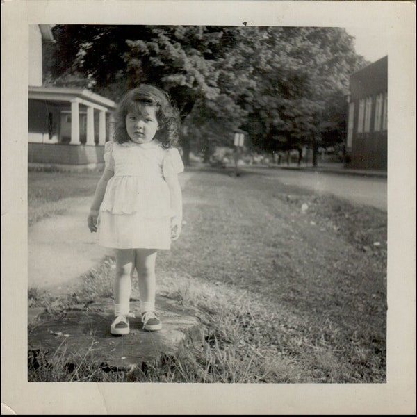 1960s Vintage Black and White Photo Little Girl Party Dress Tennis Shoes Childhood Ephemera