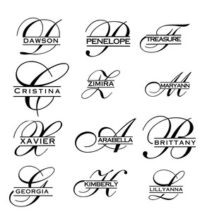 May include: A set of 10 black and white monogram designs with names written below each letter. The names are Dawson, Penelope, Treasure, Cristina, Zimira, Maryann, Xavier, Arabella, Brittany, Georgia, Kimberly, and Lillyann.
