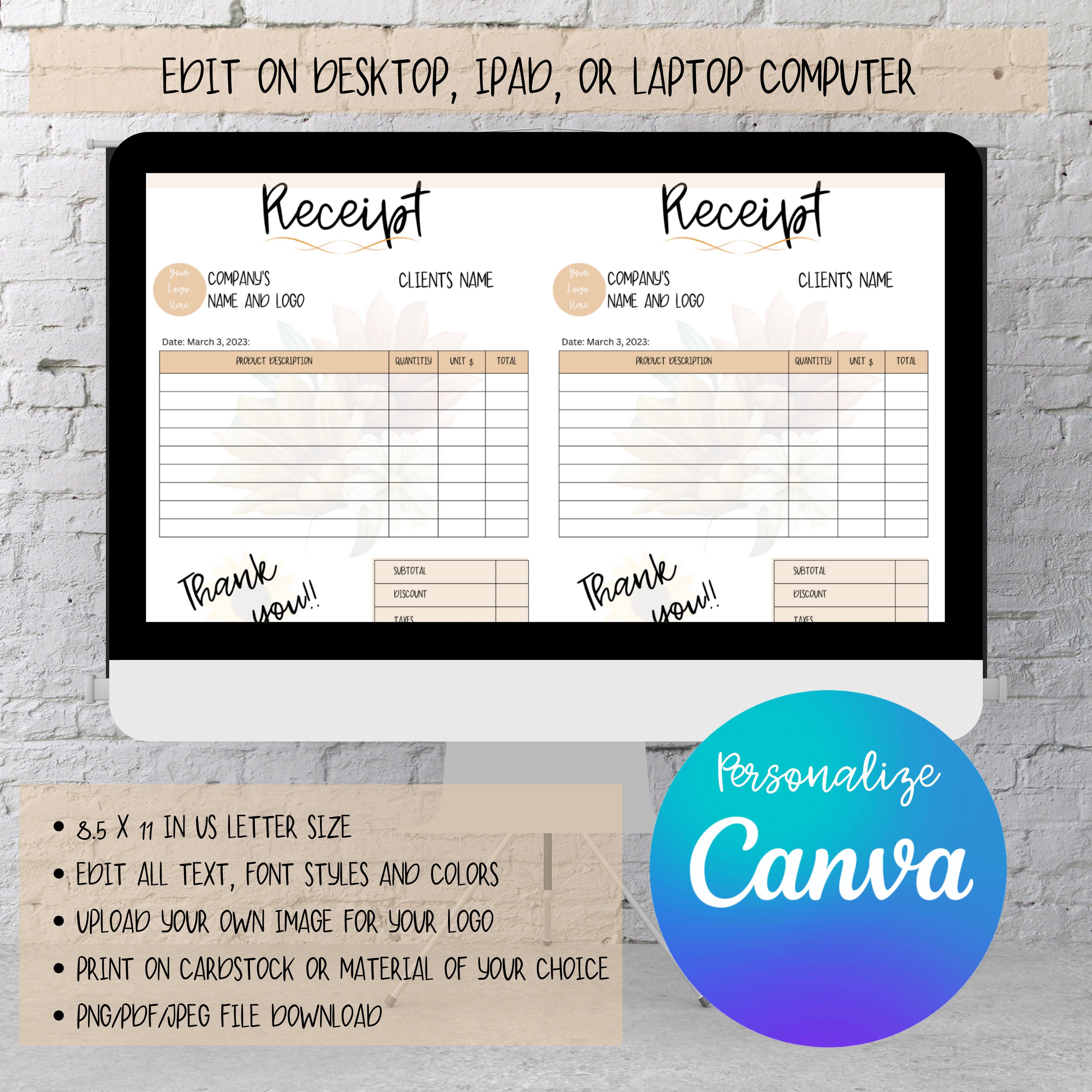 Editable Receipt Template, Instant Download, Invoice Form - Etsy