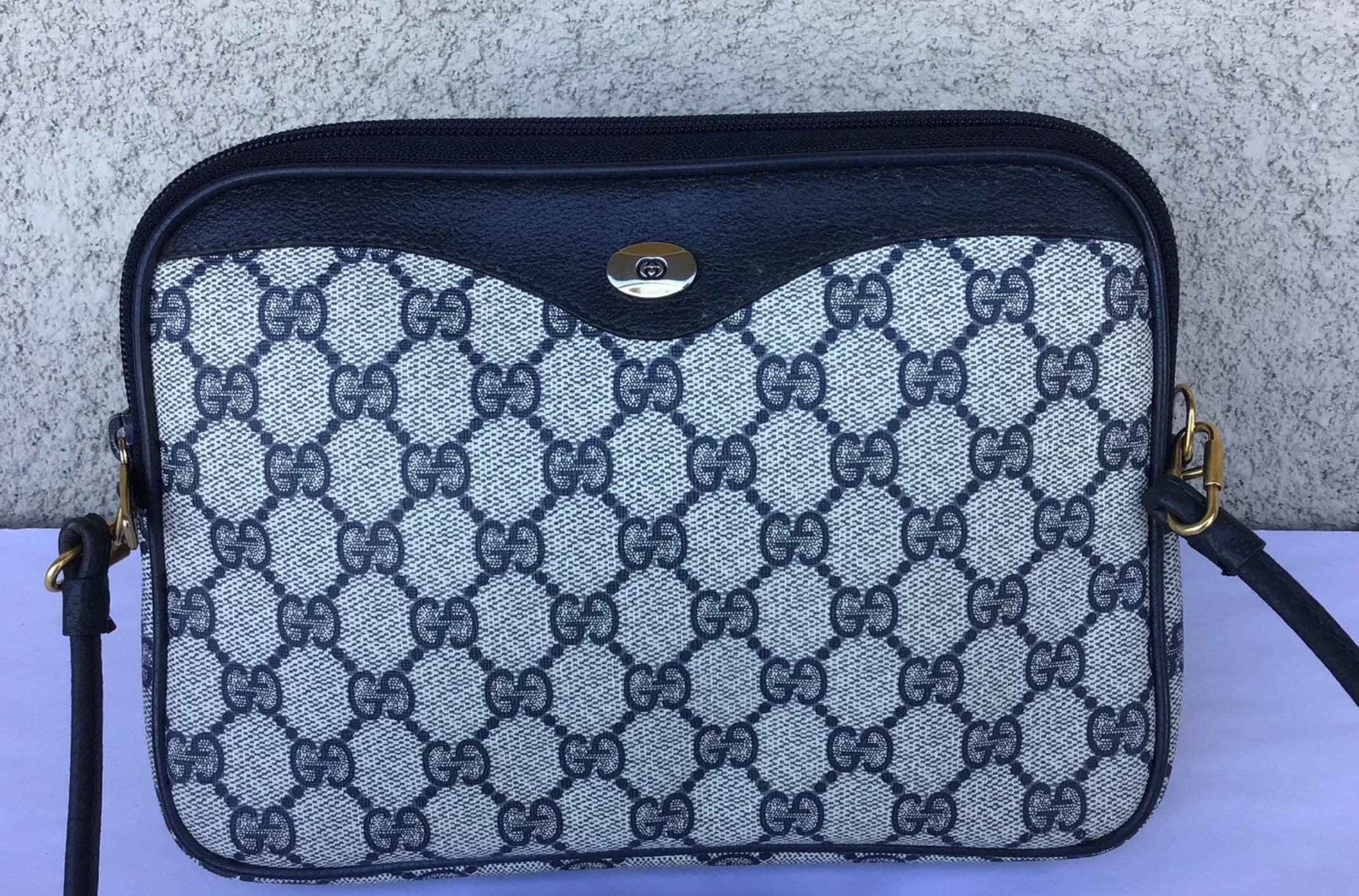 Vintage GUCCI Monogram Canvas Crossbody Bag Navy at 1stDibs