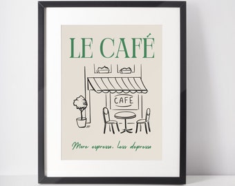 May include: A black framed print with a beige background featuring a black and white illustration of a cafe with the text "LE CAFÉ" in green. The cafe has a striped awning and a table with two chairs outside. The text "More espresso, less depresso" is written in green below the illustration.