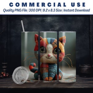 May include: A stainless steel tumbler with a colorful patchwork cat design. The cat has large eyes and long whiskers. The tumbler includes a lid and straw. The text "COMMERCIAL USE" and other details are at the top.