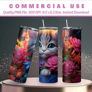 20oz Cute Cat Surrounded by Flowers 3D Caricature | Pop Art Background | Tumbler Wrap Design | Playful & Whimsical | Perfect for Cat Lovers