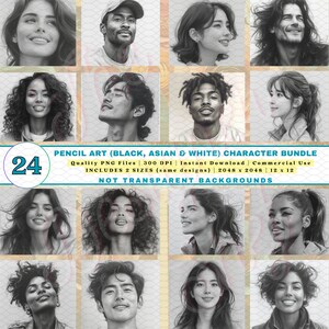 24 personajes dibujados a lápiz *PAQUETE ALEATORIO* / Arte blanco / Arte afro / Arte asiático / Diverso / Diseño avanzado de IA / Descarga instantánea / Uso comercial