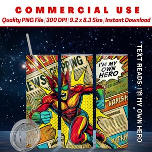 20oz I'm My Own HERO Comic Wrap | Plano de fundo | Caderno | Álbum de recortes | Papel de parede | Desenho animado | Artes e ofícios | Download instantâneo | Uso comercial