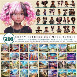 216 Ebony Expressions *MEGA BUNDLE*: FUN 3D Clipart & Backgrounds | Playful Character Designs | Diverse Black Characters | Instant Download