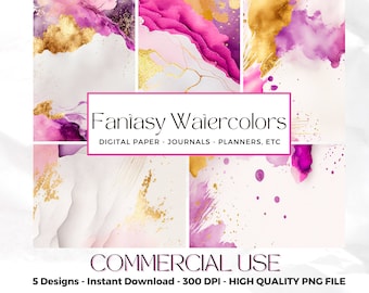 Alcohol Ink Purple Purple Gold Digital Paper - Wallpaper, Shimmer, Watercolor, Pattern, Scrapbook Paper, Gold Foiled, Commercial Use