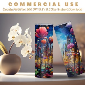 20oz Pretty Flowers in the City Tumbler Wrap | Vibrant Art | Nighttime Cityscape | Neon Street Lights | Instant Download | Commercial Use