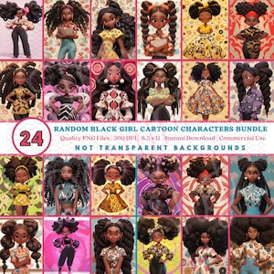 24 personajes de dibujos animados de chicas negras premium *PAQUETE ALEATORIO* / Diseños divertidos de imágenes prediseñadas afro / Cubiertas para cuadernos / Manualidades / Uso comercial