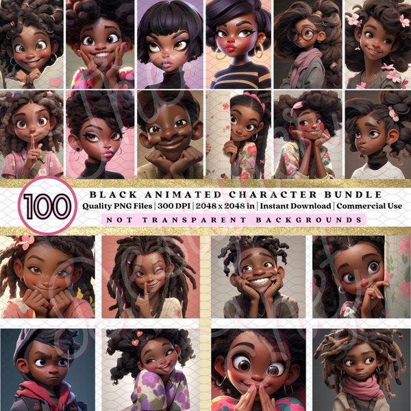 100 Black Animated *RANDOM BUNDLE*: FUN 3D Clipart | Playful Character Designs | Diverse Black Characters | Instant Download/Commercial Use