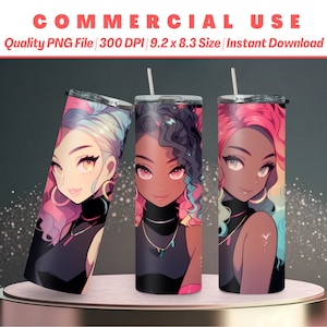 Envoltura de vaso de tres lindas niñas de dibujos animados de 20 oz, envoltura de vaso vibrante, envoltura diversa, diseño avanzado de IA, uso comercial, descarga instantánea