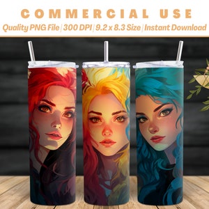 20oz Three Cute White Cartoon Girls Tumbler Wrap, Diverse Wrap, Colorful & Bright, AI Advance Design, Commercial Use, Instant Download