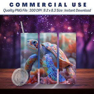 以下が含まれることがあります： ステンレス製のタンブラーに、カラフルなモザイク風のウミガメのデザインが施されています。ウミガメはサンゴ礁の背景を歩いています。