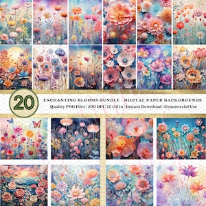 20 waterverfgeschilderde bloempatronen | Kleurrijke verhalen vertellen | Op de natuur geïnspireerde beelden | Iriserend | Zachte nevelvibes | Commercieel gebruik