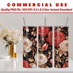 Emballage pour gobelet PRETTY FLORAL, 20 oz | Élégant | Rouge, or et noir | Album | Carnet de notes | Contexte | Utilisation commerciale | Téléchargement instantané